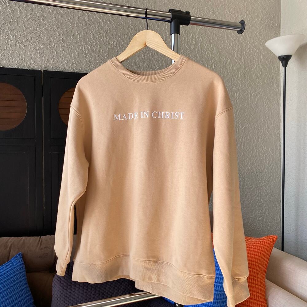 Hallelujah Sunday Made in Christ Embroidered Sweatshirt Crewneck Tan Small